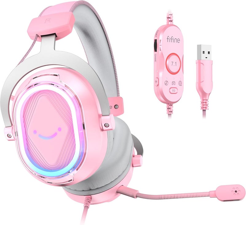 FIFINE سماعة ألعاب سلكية RGB، سماعة بث فوق الأذن للكمبيوتر مع USB، صوت محيطي 7.1، ميكروفون مانع للضوضاء، وسادات أذن ناعمة، 4 أوضاع EQ للكمبيوتر، اللابتوب، ماك، PS4، PS5 - AmpliGame H13P (وردي) - Image 1
